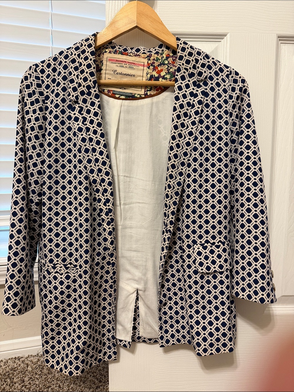 Cartonnier Navy and White Geometric Open Front Blazer
